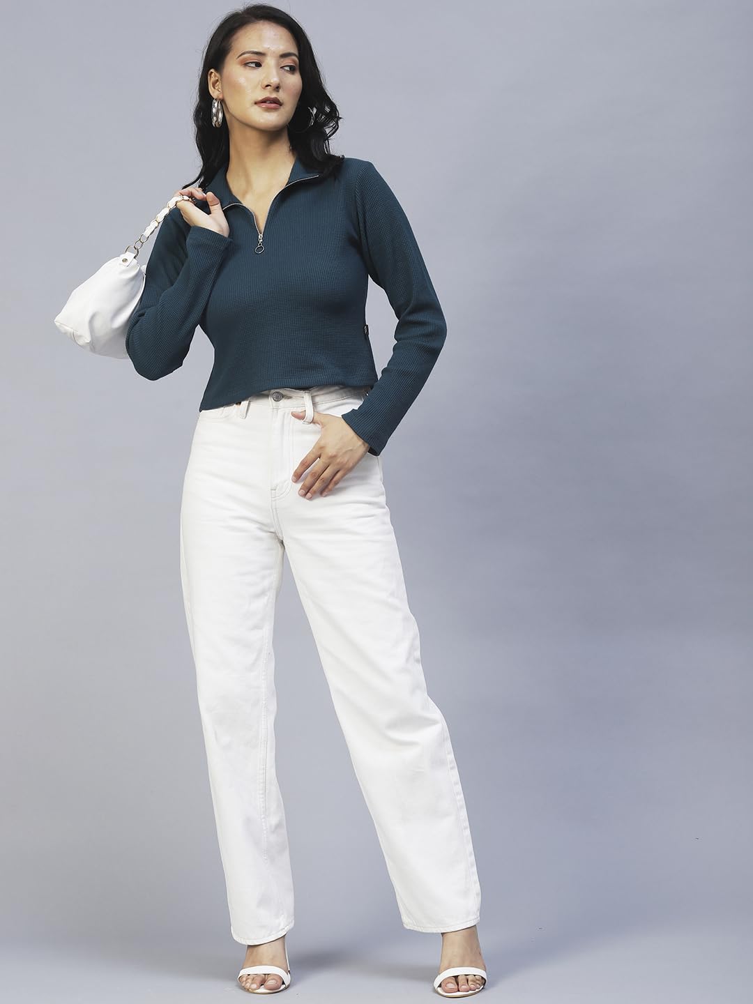 Rigo Waffle Knit Top for Women | High Collar Zipper Top for Women | Long Sleeves, Western Crop Tops for Women | Stylish Top for