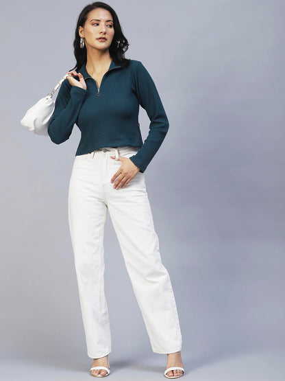 Rigo Waffle Knit Top for Women | High Collar Zipper Top for Women | Long Sleeves, Western Crop Tops for Women | Stylish Top for
