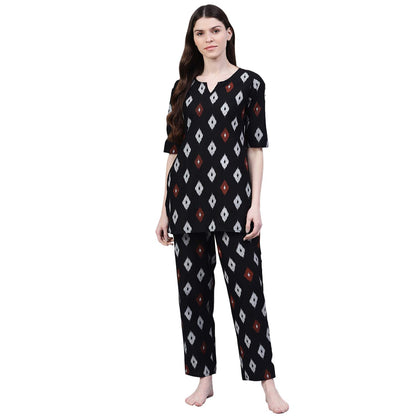 Stylum Womens Cotton Block Print Night Suit Set Black