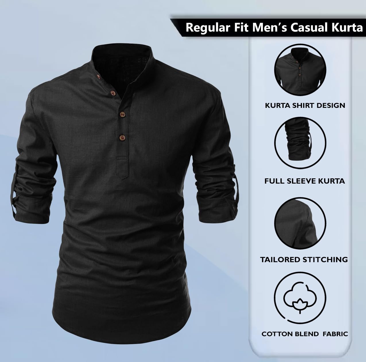 Zombom MenS Solid Cotton Blend Casual Regular Fit Mandarin/Chinese Collor Full Sleeve Kurta Shirt For Men Black