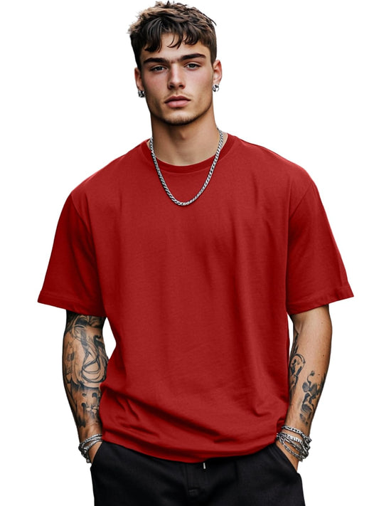 Veirdored Oversized Baggy Fit Drop Shoulder Short Sleeve Round Neck Solid Cotton T-Shirt