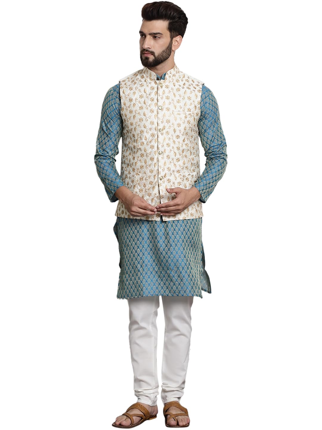 SOJANYA (Since 1958 Men's Ethnic Motifs Blue Woven Design Silk Blend Kurta with Pyjamas & Cream Nehru Jacket Size-38