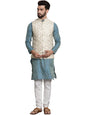 SOJANYA (Since 1958 Men's Ethnic Motifs Blue Woven Design Silk Blend Kurta with Pyjamas & Cream Nehru Jacket Size-38