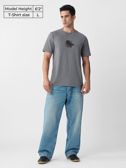The Souled Store Relaxed T-Shirt: See You in Hell Men and Boys Short Sleeves Round Neck Grey Graphic Embroidered Cotton T-Shirts