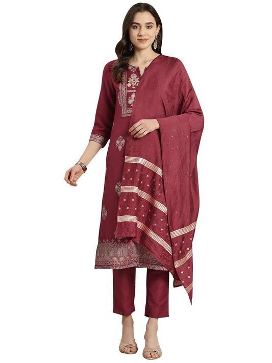 ZIYAA Women's Art Silk Maroon Color Chinon Straight Foil Printed Kurta, Pant and Dupatta Set