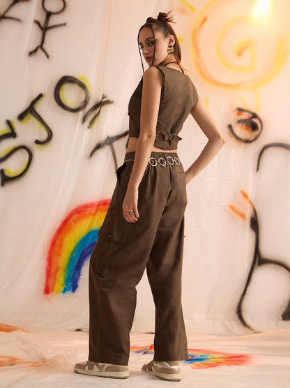 The Souled Store Cotton Linen Pants: Dark Brown Women and Girls Buttoned Solid Cotton Linen Blend Straight Fit Casual Cargo Pant