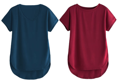 Fabricorn Combo Of Plain Airforce Blue V-Neck And Maroon Round Neck Up And Down Cotton Tshirt For Women (Airforce Blue And Maroo