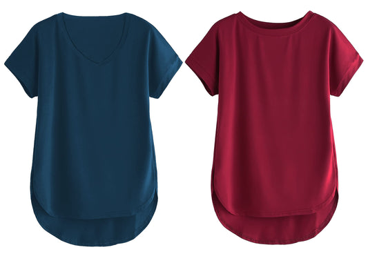 Fabricorn Combo Of Plain Airforce Blue V-Neck And Maroon Round Neck Up And Down Cotton Tshirt For Women (Airforce Blue And Maroo