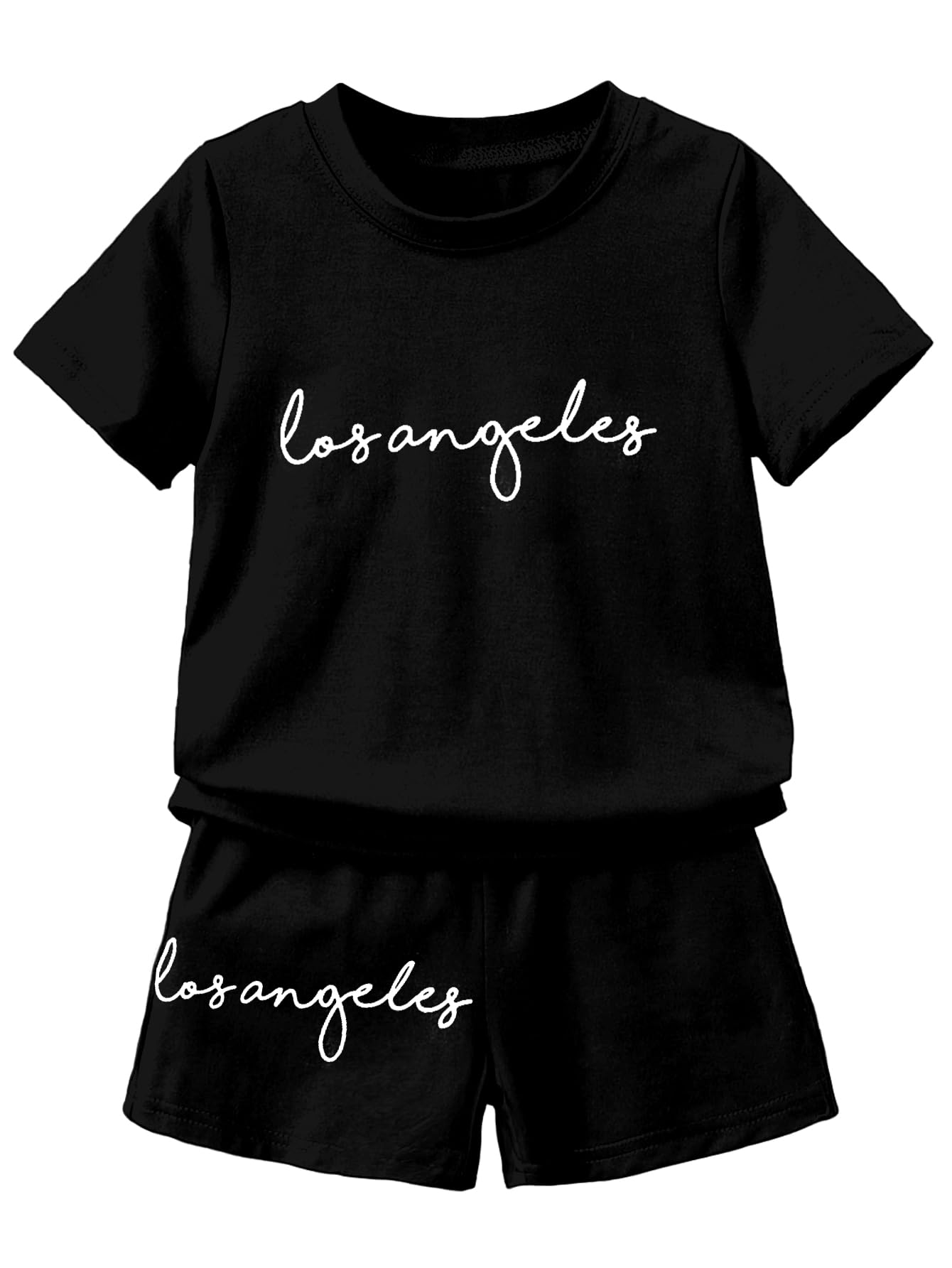 AVANOVA Boys Black 2pcs/Set Young Boy Loose Comfortable T-Shirt With Los Angeles Print And Shorts, Casual Cute Style Suitable F