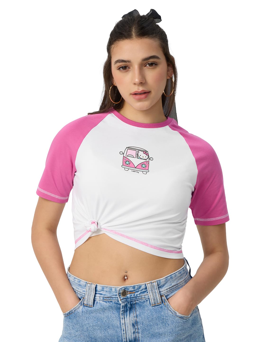 The Souled Store Hello Kitty: Trip Women and Girls Short Sleeves Round Neck White and Pink Graphic Printed Cotton Cropped Tops
