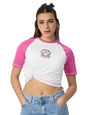 The Souled Store Hello Kitty: Trip Women and Girls Short Sleeves Round Neck White and Pink Graphic Printed Cotton Cropped Tops