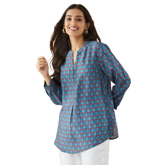 Fabindia WomenS Printed Regular Fit Tunic Top (1038747Blue_Blue