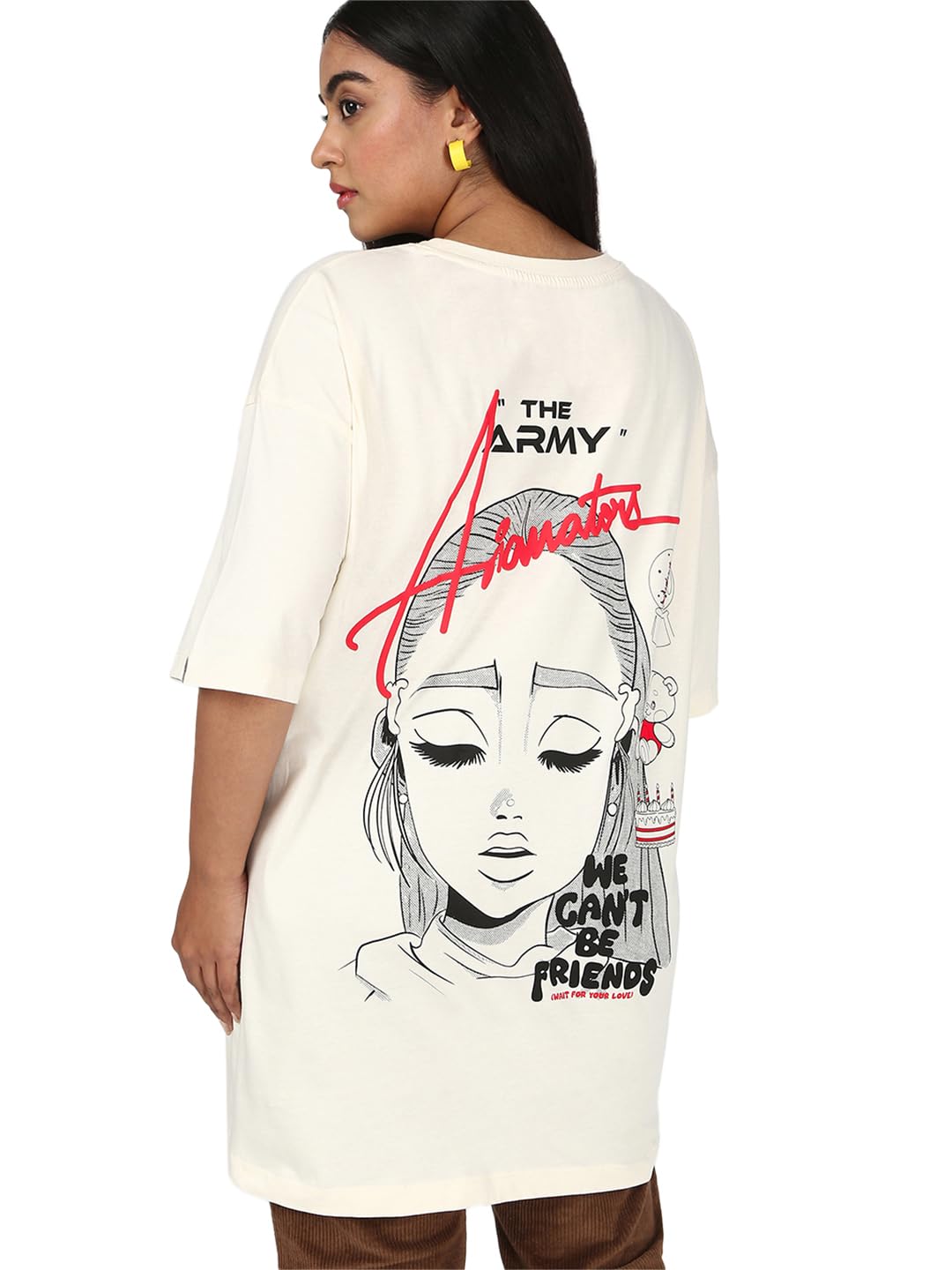 Bewakoof Womens Graphic Printed Oversized Fit Half Sleeve Round Neck Cotton Jersey Plus Size T-Shirt_654539_Beige_3XL