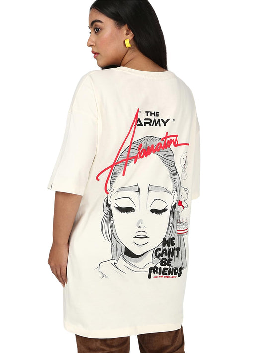 Bewakoof Womens Graphic Printed Oversized Fit Half Sleeve Round Neck Cotton Jersey Plus Size T-Shirt_654539_Beige_3XL