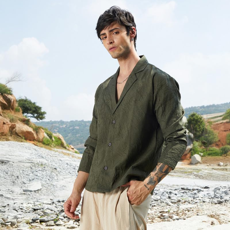 Campus Sutra Mens Army Green Wrinked Korean Oversized Shirt for Casual Wear | Lapel Collar | Long Sleeve | Button Closure | Ove