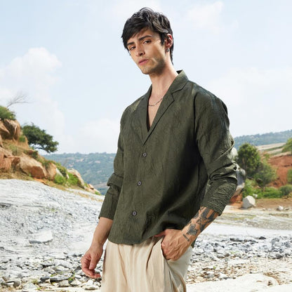Campus Sutra Mens Army Green Wrinked Korean Oversized Shirt for Casual Wear | Lapel Collar | Long Sleeve | Button Closure | Ove