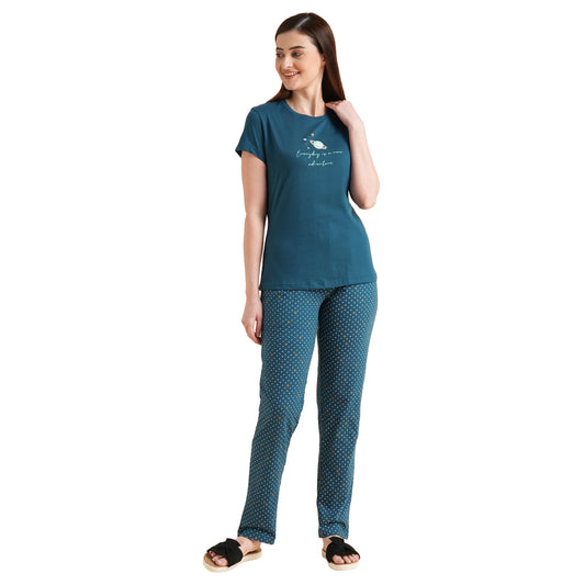 Sweet Dreams Women Printed Pyjama Set Teal