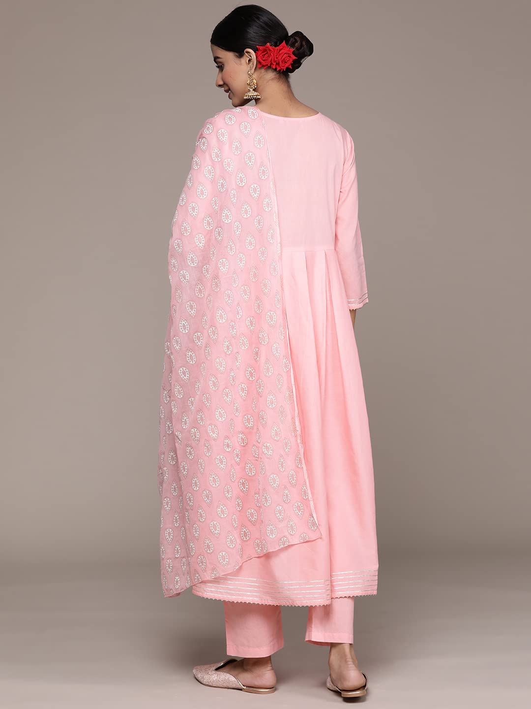 ishin Women's Pink Zari Sequinned Pure Cotton Anarkali Kurta Suit Set with Trousers & Dupatta
