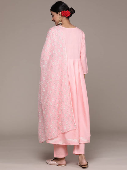 ishin Women's Pink Zari Sequinned Pure Cotton Anarkali Kurta Suit Set with Trousers & Dupatta