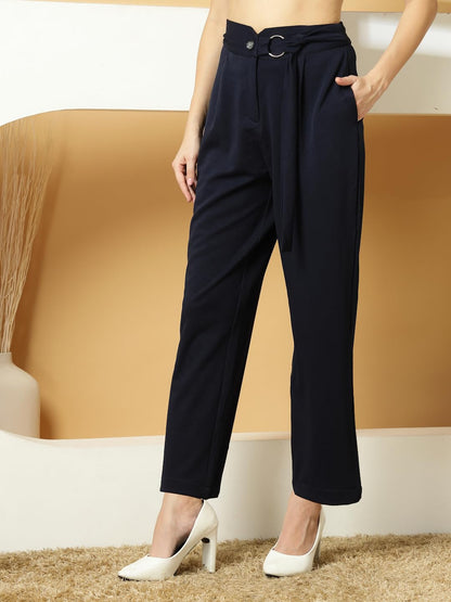 Womens Wide Leg Pants | Solid Blue Stretchable Polyester Trousers | Stylish Korean Clothing | Flared, Straight Fit, Baggy, and