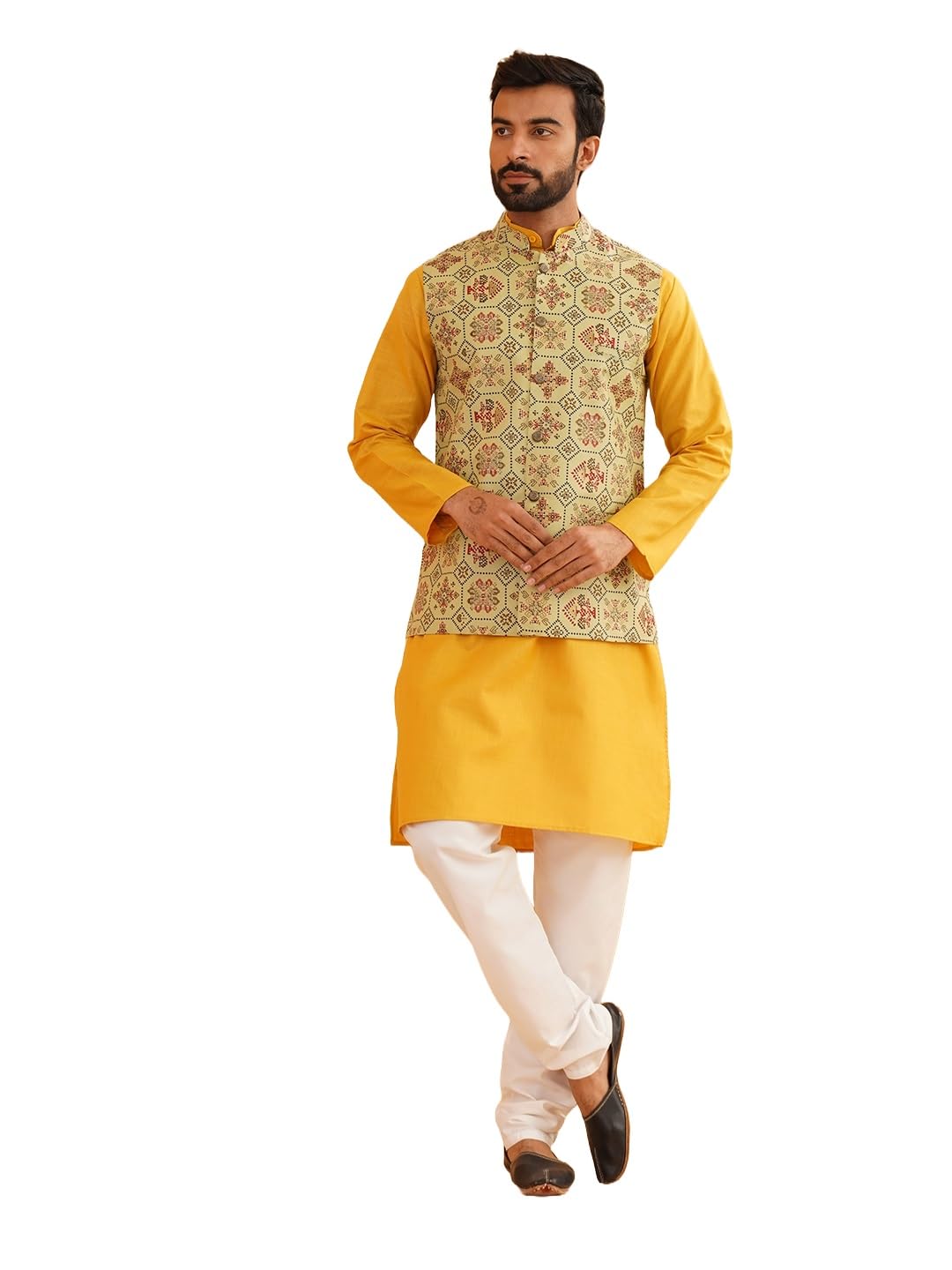 SOJANYA (Since 1958 Men's Cotton Blend Mustard Kurta & Churidar Pyjama with Pista Green Nehrujacket