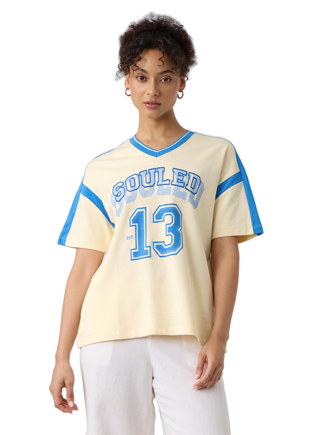 The Souled Store Varsity Women and Girls Short Sleeves V Neck Off White Graphic Printed Cotton Oversized T-Shirts