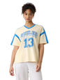 The Souled Store Varsity Women and Girls Short Sleeves V Neck Off White Graphic Printed Cotton Oversized T-Shirts