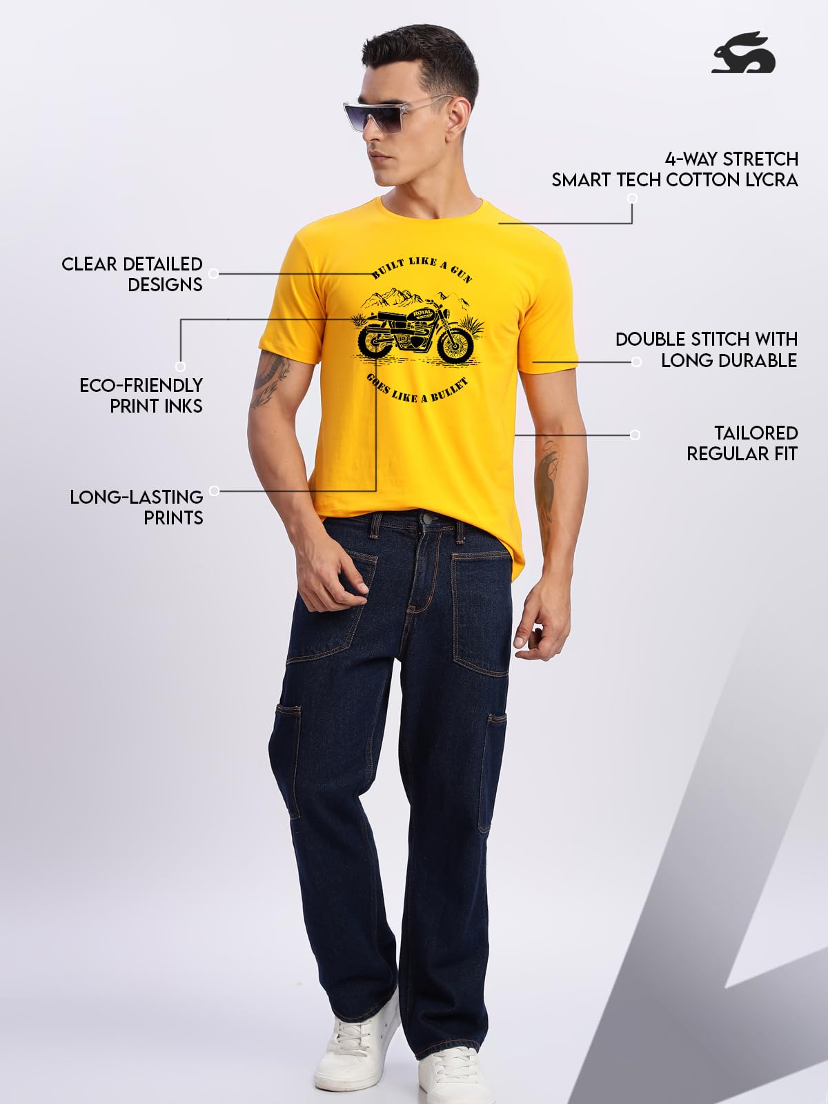 ADRO Men's Royal Bike Design Printed 100% Cotton T-Shirt - Regular Fit, Printed T-Shirts for Men (RN24-RYL-MU_Mustard)