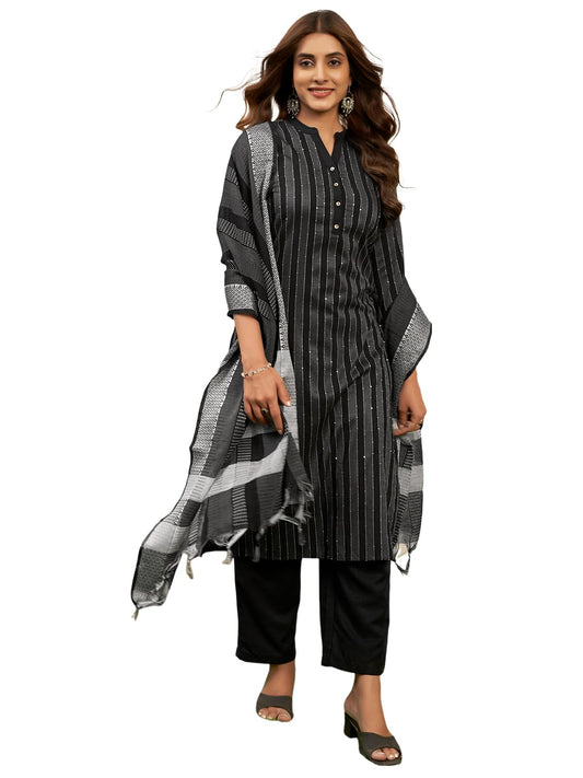 Sanisa Women's Cotton Woven & Sequence Embroidery Work Straigth Kurta with Pant and Dupatta Set| Ethnic Set | Suit Set | Kurta Set