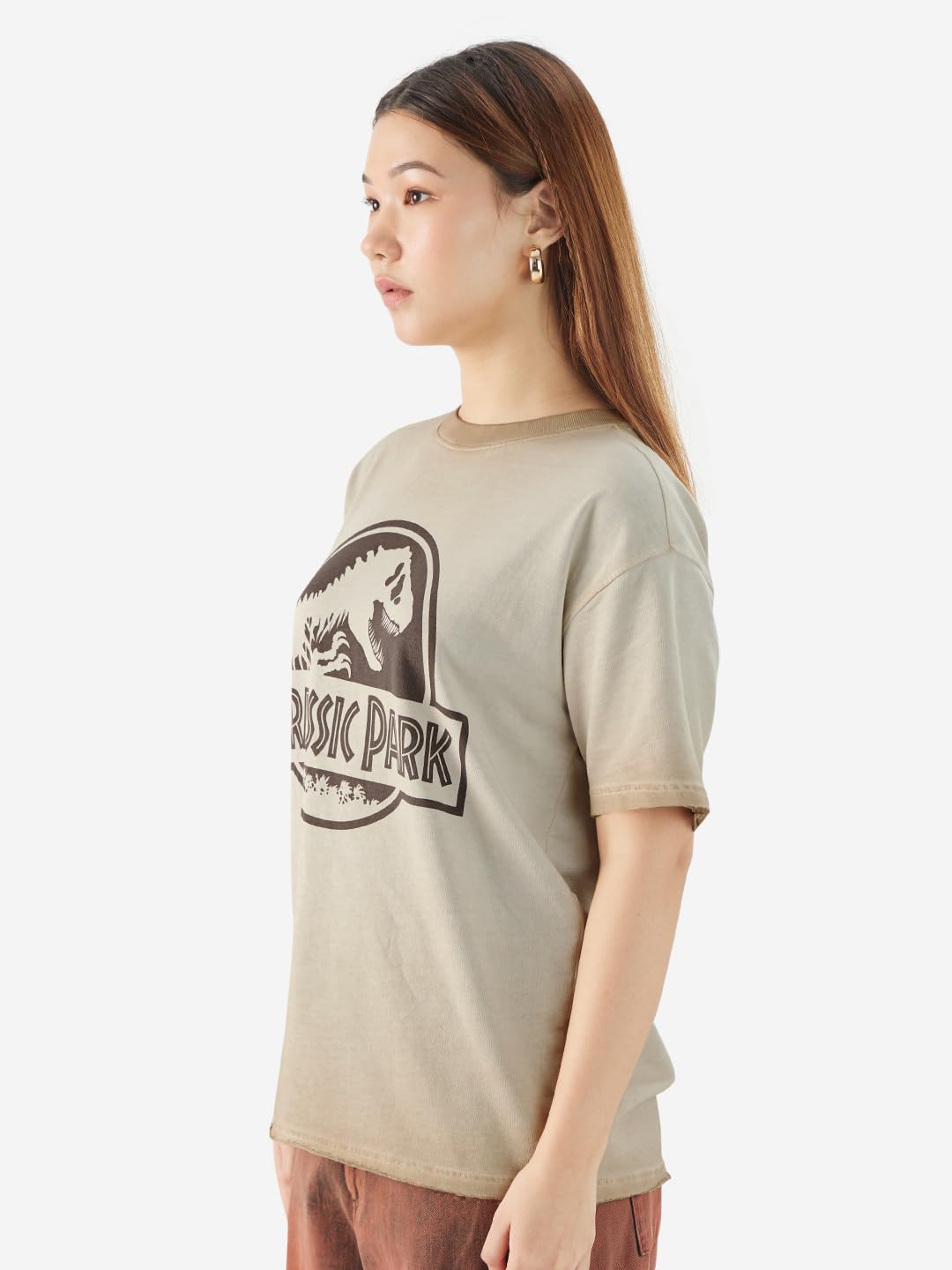 The Souled Store Official Jurassic Park: Logo Women and Girls Short Sleeves Round Neck Grey Graphic Printed Cotton Boyfriend T-S