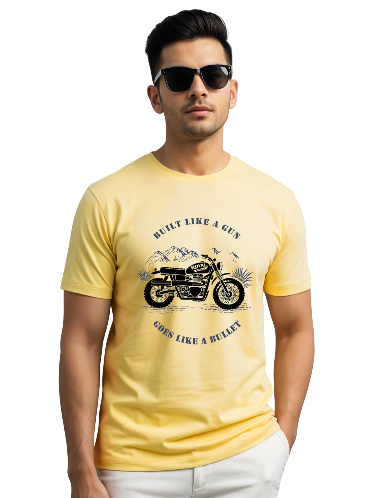 ADRO Men's Royal Bike Design Printed 100% Cotton T-Shirt - Regular Fit, Printed T-Shirts for Men (RN24-RYL-LY_Light Yellow)