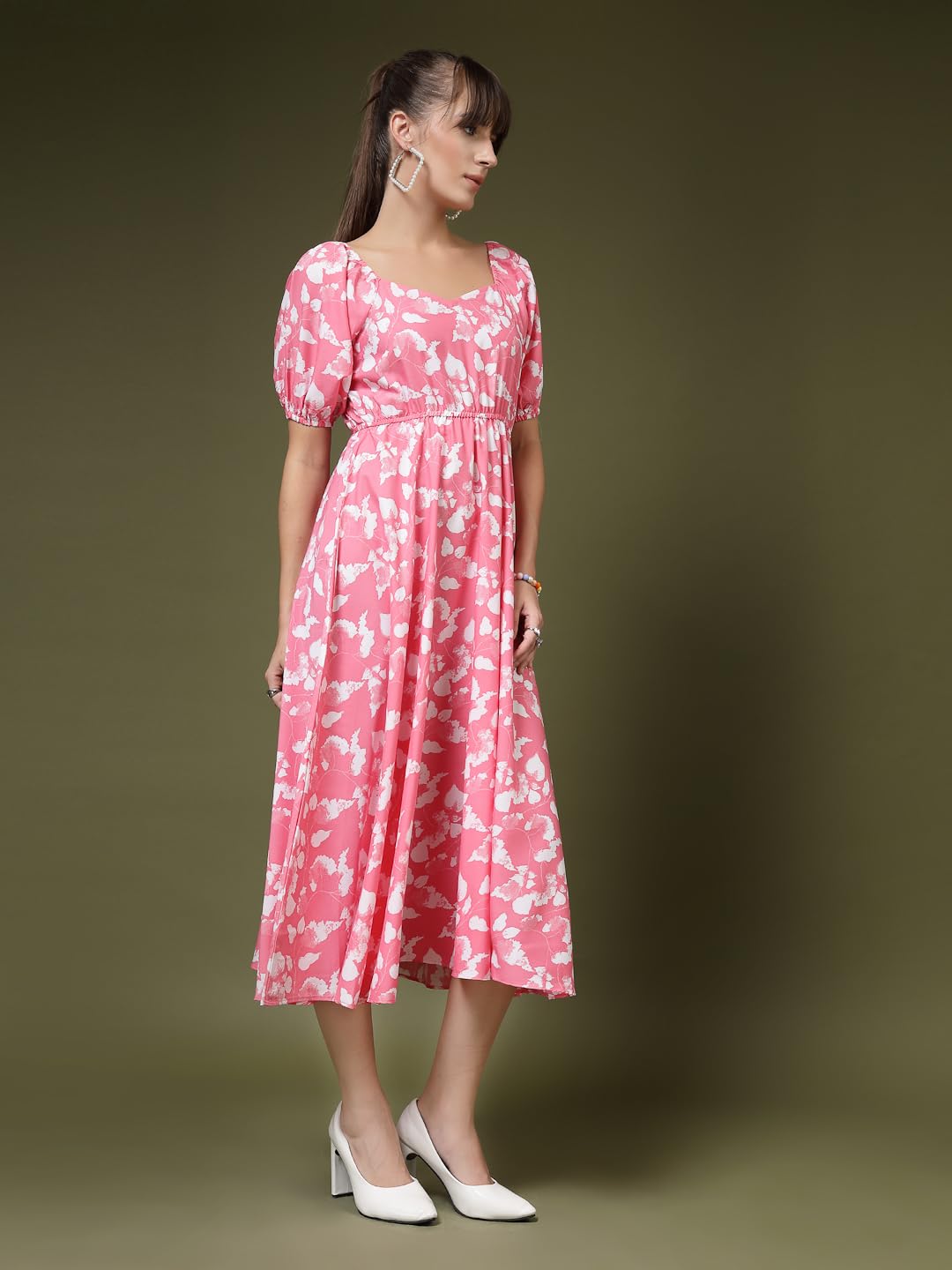 Oomph! Flared Dress For Women Stylish | Long One Piece For Women | Puff Sleeve Long Dress | Floral Print Maxi One Piece | Wester