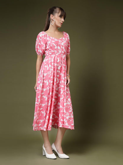 Oomph! Flared Dress For Women Stylish | Long One Piece For Women | Puff Sleeve Long Dress | Floral Print Maxi One Piece | Wester