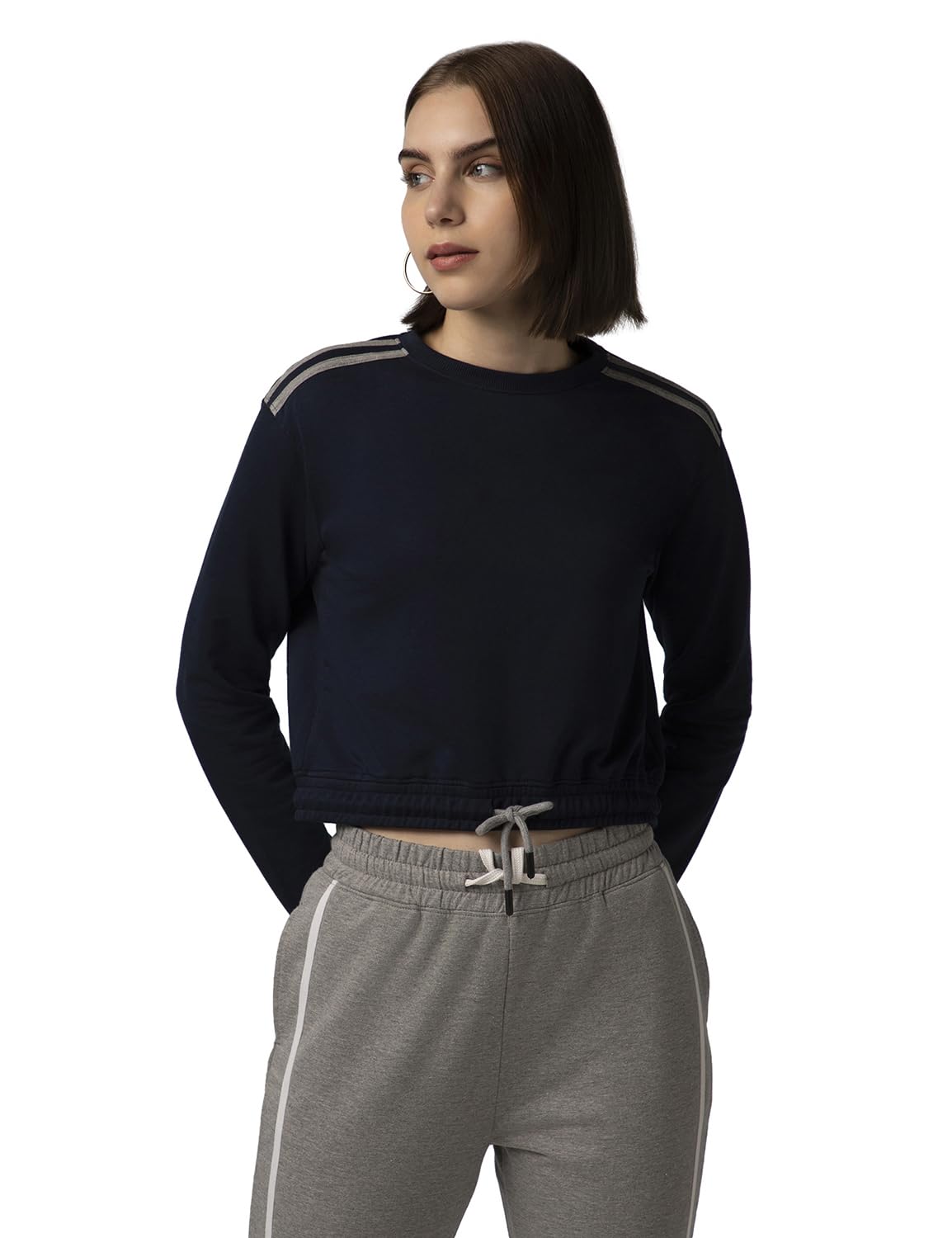 FYLTR Womens Round Neck Drop Shoulder Sweatshirt - Full Sleeve | Elasticated Waist & Cuff | Boxy Fit | Stripe Detailing