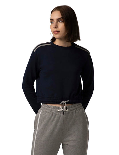 FYLTR Womens Round Neck Drop Shoulder Sweatshirt - Full Sleeve | Elasticated Waist & Cuff | Boxy Fit | Stripe Detailing