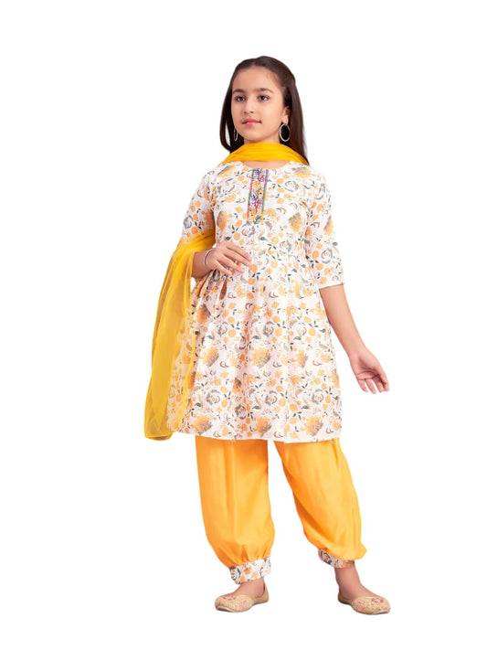 Aarika Girls Ethnic Wear Yellow-White Colour Floral Print Beads Work Polycrepe Kurti Patiala Set With Dupatta-3-13 Years (Pt-Shm