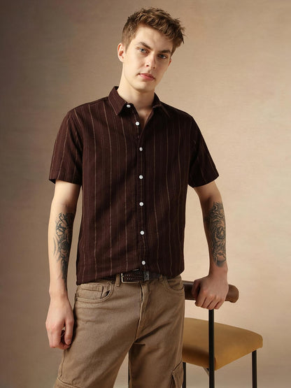 Dennis Lingo MenS Maroon Polycotton Spread Collar Short Sleeves Striped Shirts