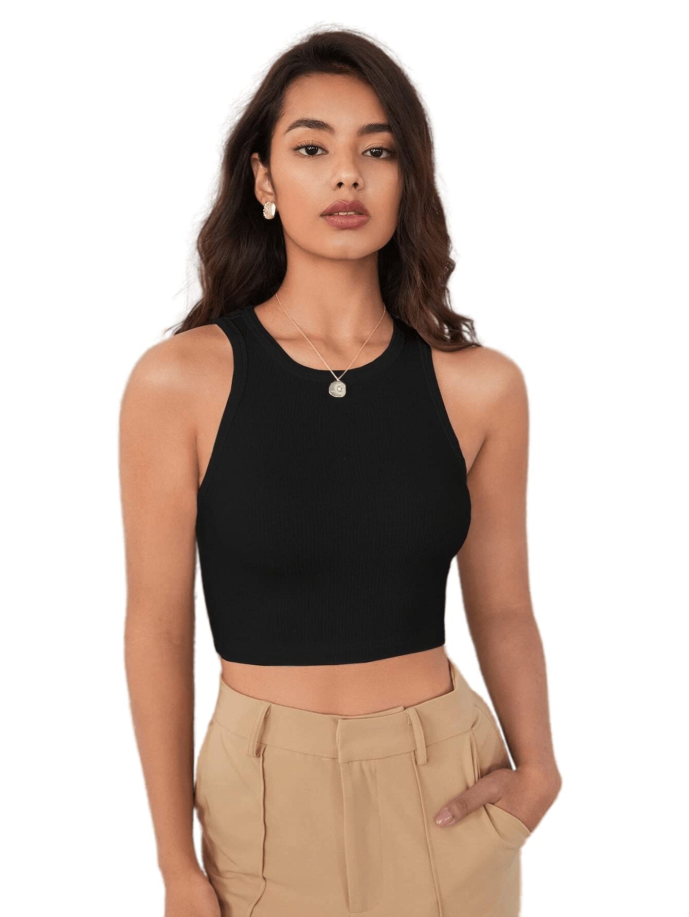 TAGAS Womens Solid Cotton Rib Knit Crop Tank Top || Womens Crop Top ||Round Neck Cotton Rib Crop Top for Women || Tops for Gir