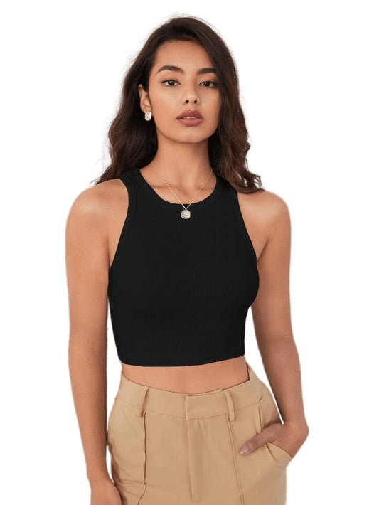 TAGAS Womens Solid Cotton Rib Knit Crop Tank Top || Womens Crop Top ||Round Neck Cotton Rib Crop Top for Women || Tops for Gir