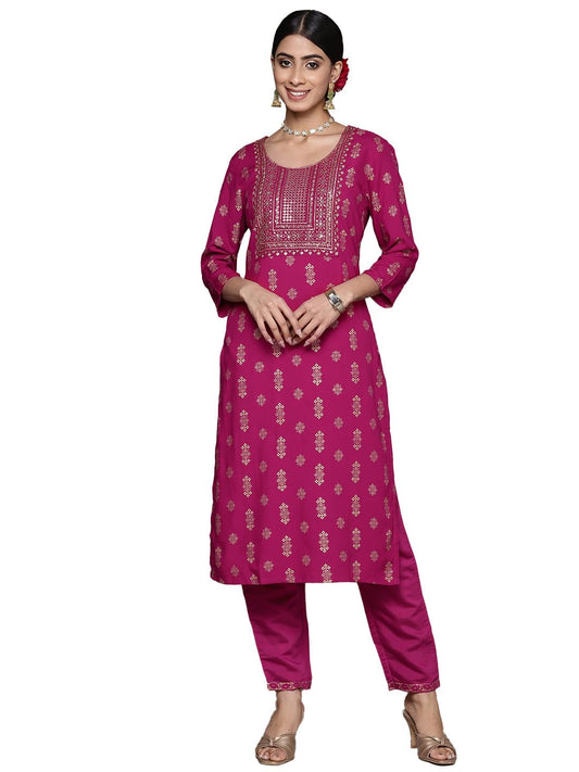 ishin Women's Viscose Rayon Printed Magenta Straight Kurta Suit Set with Pants