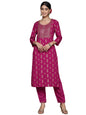 ishin Women's Viscose Rayon Printed Magenta Straight Kurta Suit Set with Pants