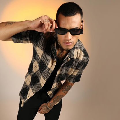 Campus Sutra Mens Black & Beige Tartan Resort Oversized Shirt for Casual Wear | Cuban Collar | Short Sleeve | Button Closure |