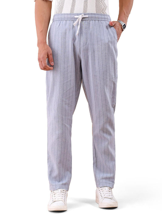 The Indian Garage Co Men Regular Fit Vertical Striped Mid-Rise Elasticated Trousers Oxford Blue