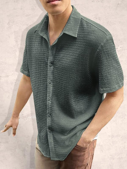 Tee Projekt Mens Popcorn Shirt Texture Pattern Mens Casual Shirt Half Sleeves Goa Beach Summer Shirt Olive