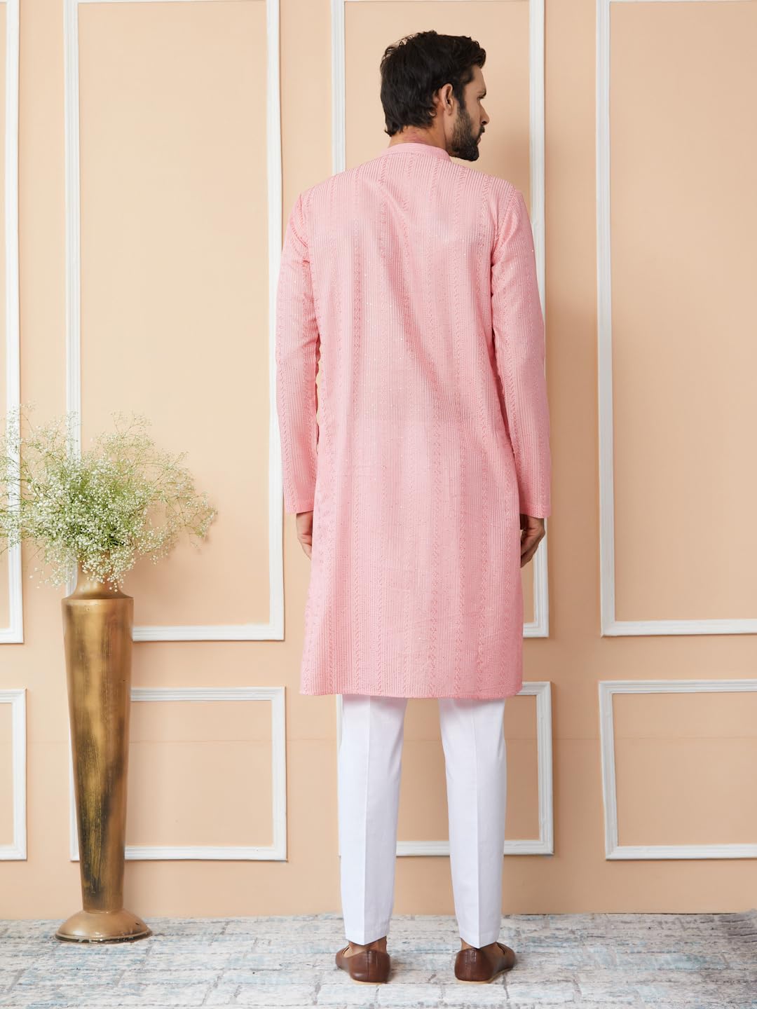 See Designs MenS Long Sleeve Mandarin Collar Side Slit Pink Embroidered Thread Work Sequinned Chanderi Silk Straight Kurta - Sd
