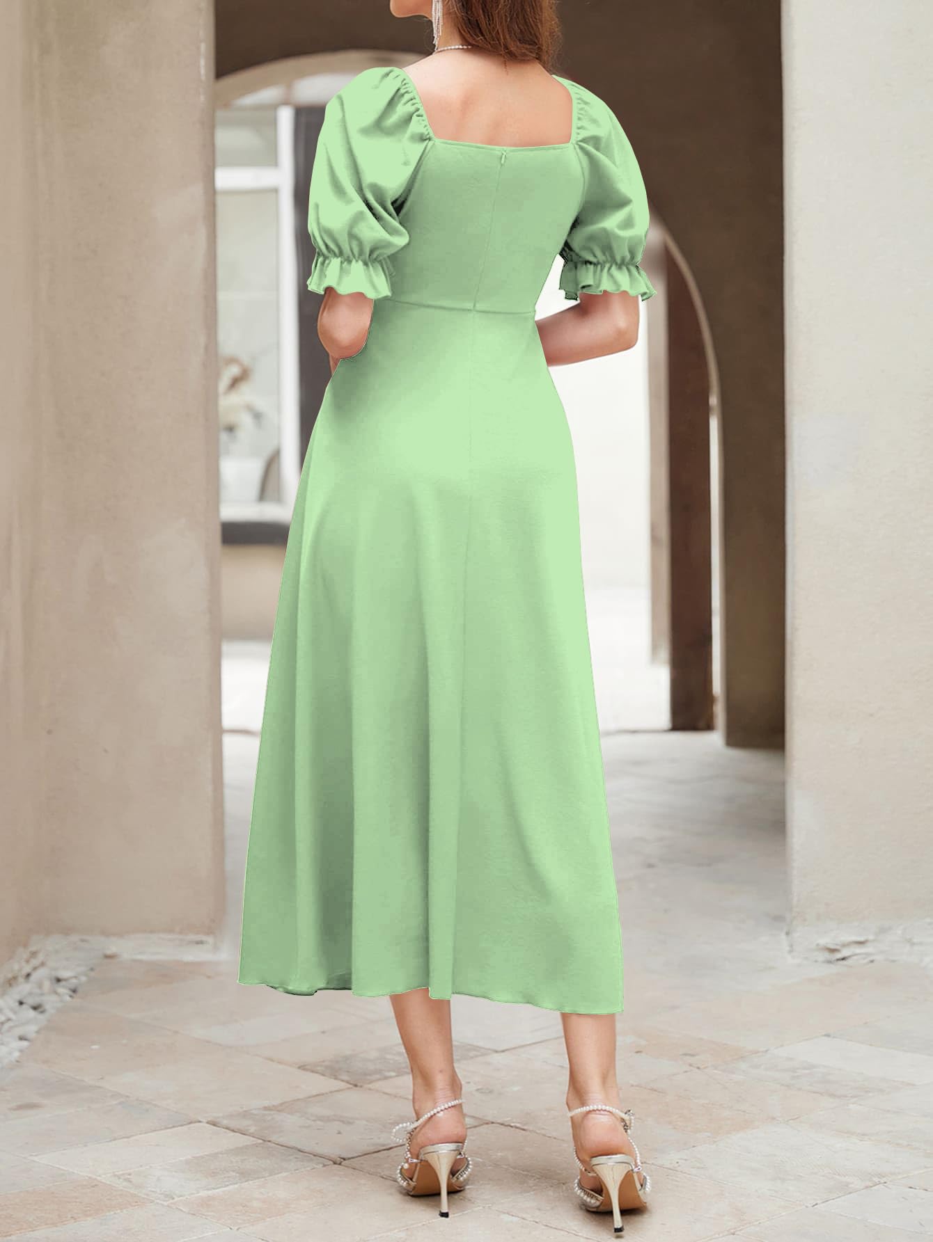 Shasmi GirlS & WomenS Solid Pista A-Line Ruched Puff Sleeve Maxi Long Evening One Piece Long Dress For Women Stylish (Dress 13