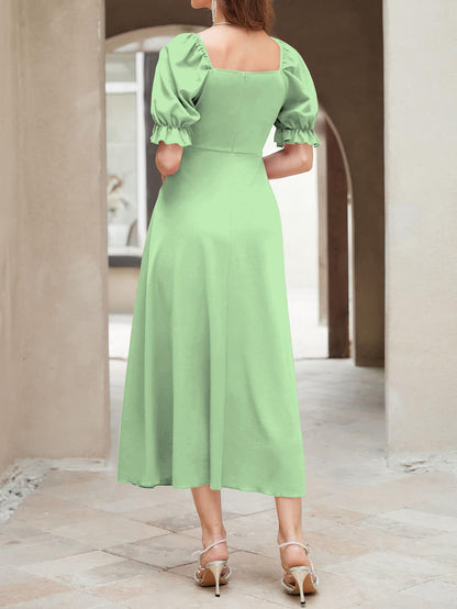 Shasmi GirlS & WomenS Solid Pista A-Line Ruched Puff Sleeve Maxi Long Evening One Piece Long Dress For Women Stylish (Dress 13