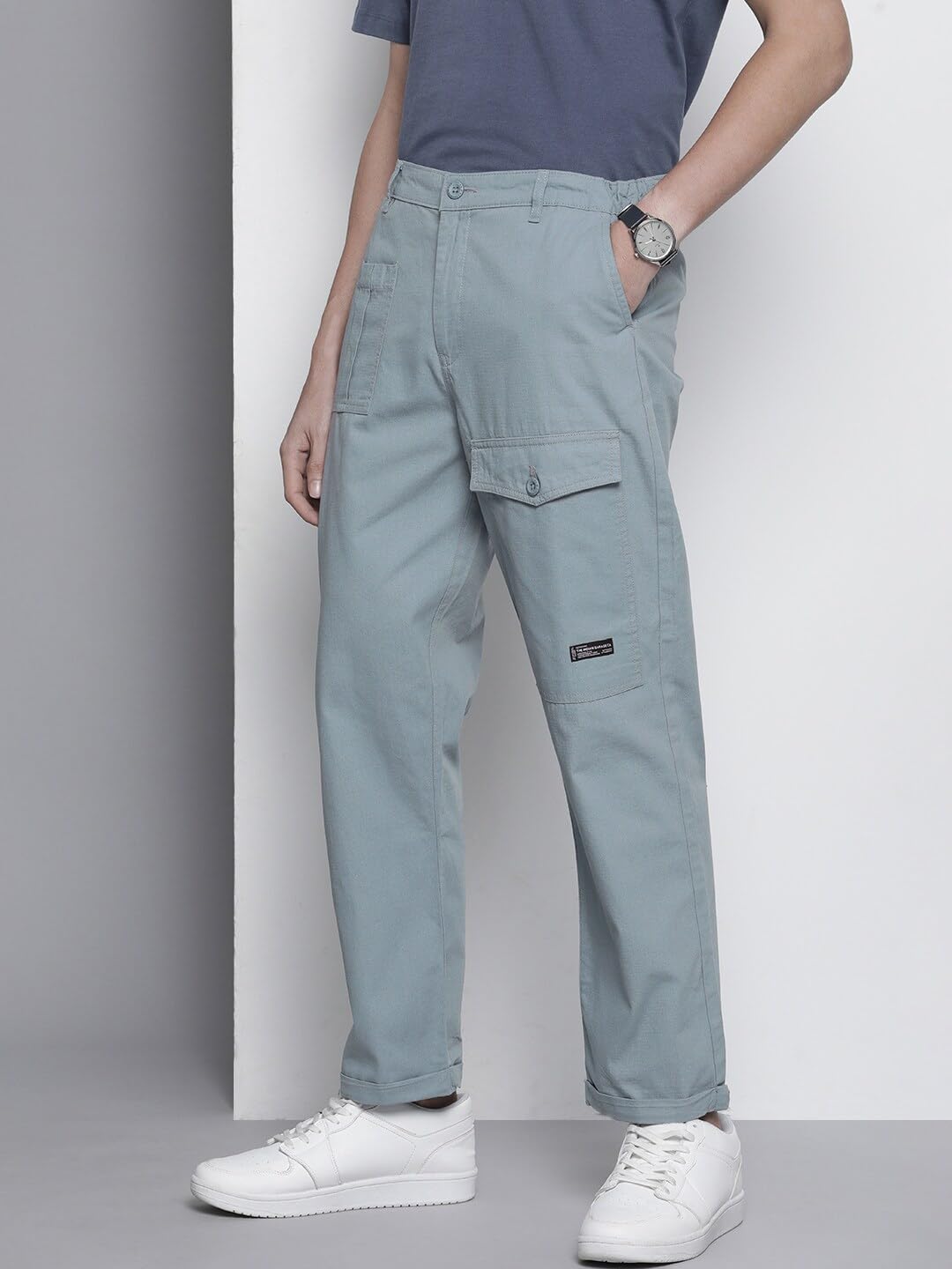 The Indian Garage Co Men Relaxed Fit Solid Mid-Rise Trousers Stone Blue