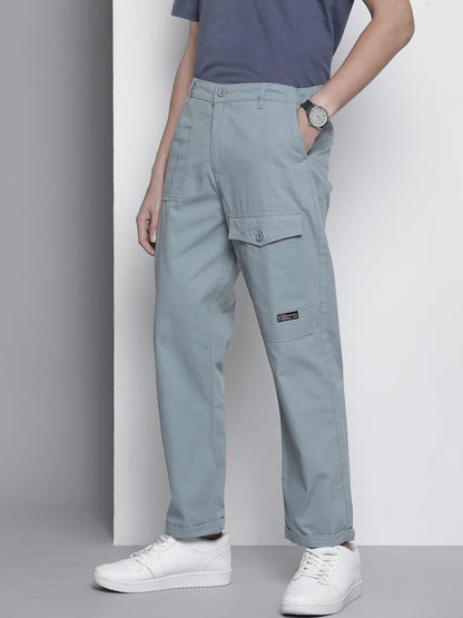 The Indian Garage Co Men Relaxed Fit Solid Mid-Rise Trousers Stone Blue