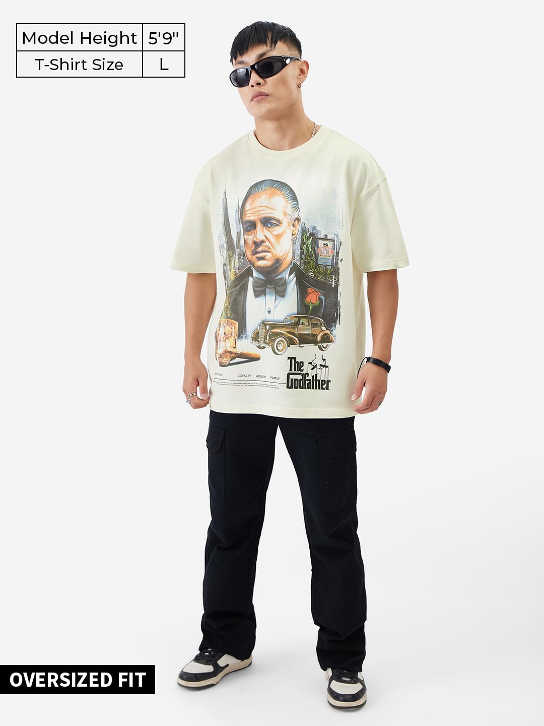 The Souled Store Official The Godfather: The Don Men and Boys Short Sleeve Round Neck White Graphic Printed Cotton Oversized Fit